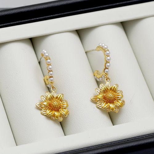 Dainty Sunflower Hoop Dangle Earrings, Sunflower Earrings | HE10509